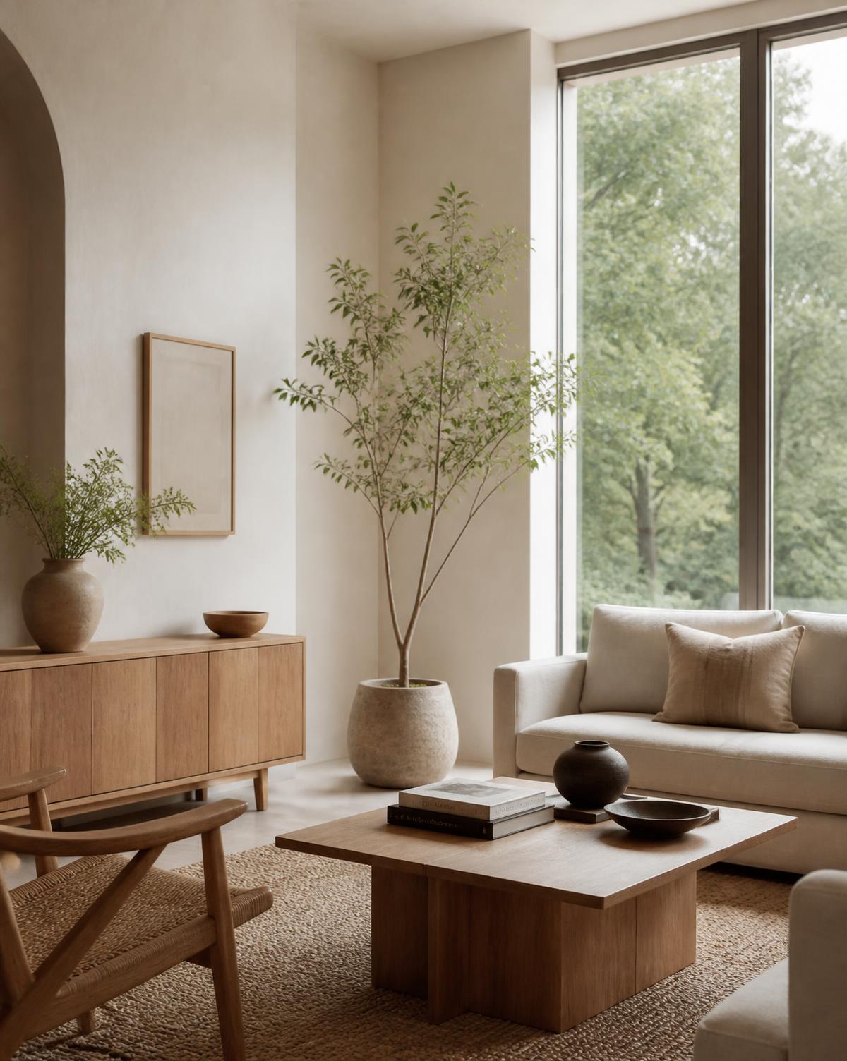Interior sereno con muebles de madera y luz natural