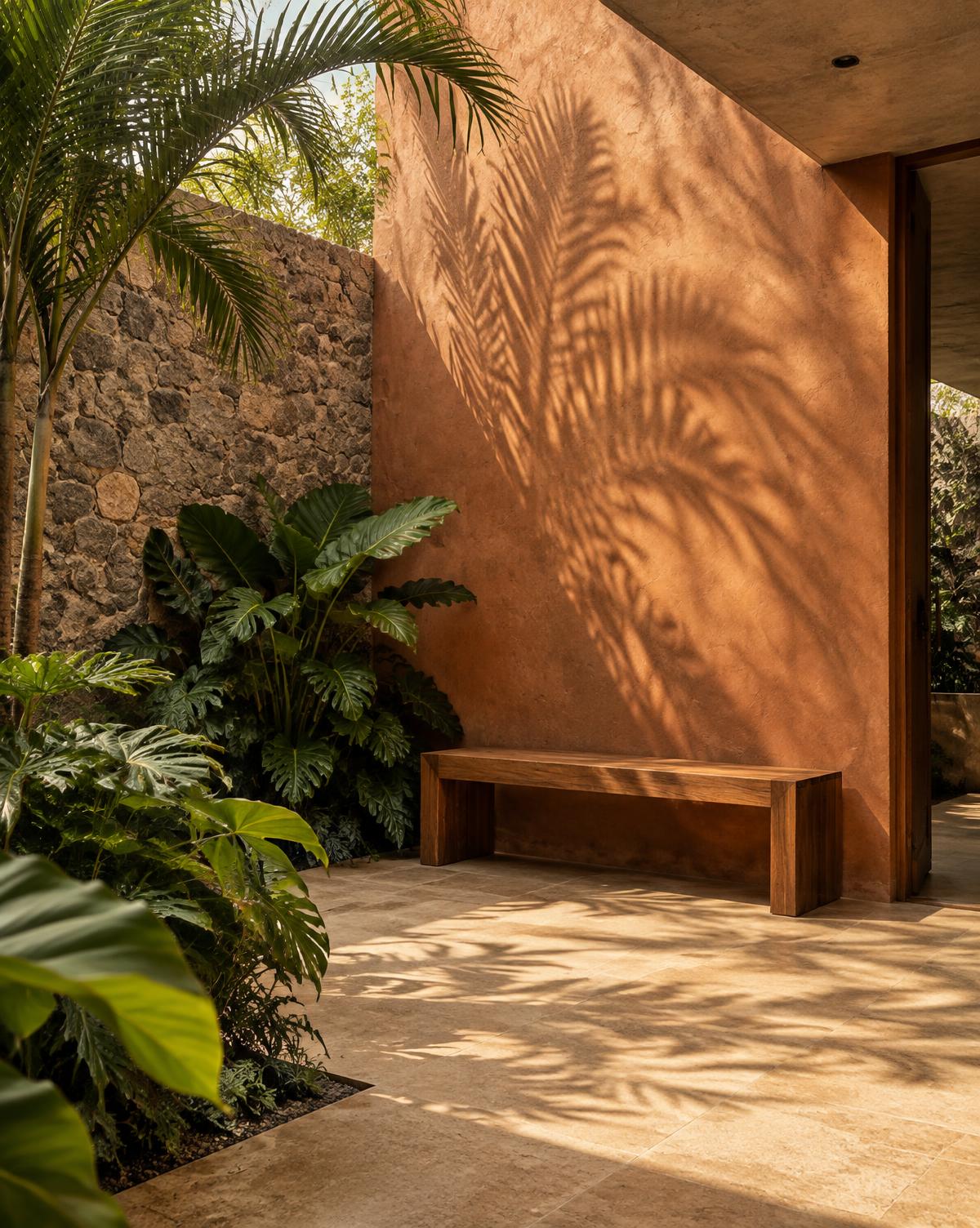 Patio cálido con banca de madera y sombras de palmera sobre un muro terracota