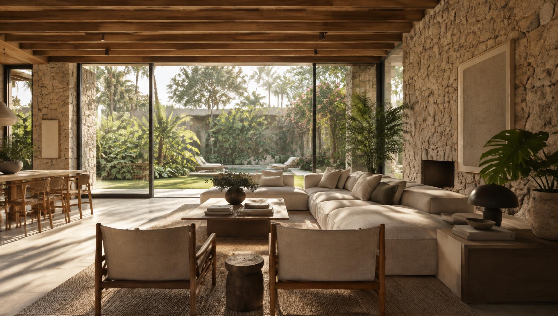 Sala contemporánea con muros de piedra abierta a un jardín tropical